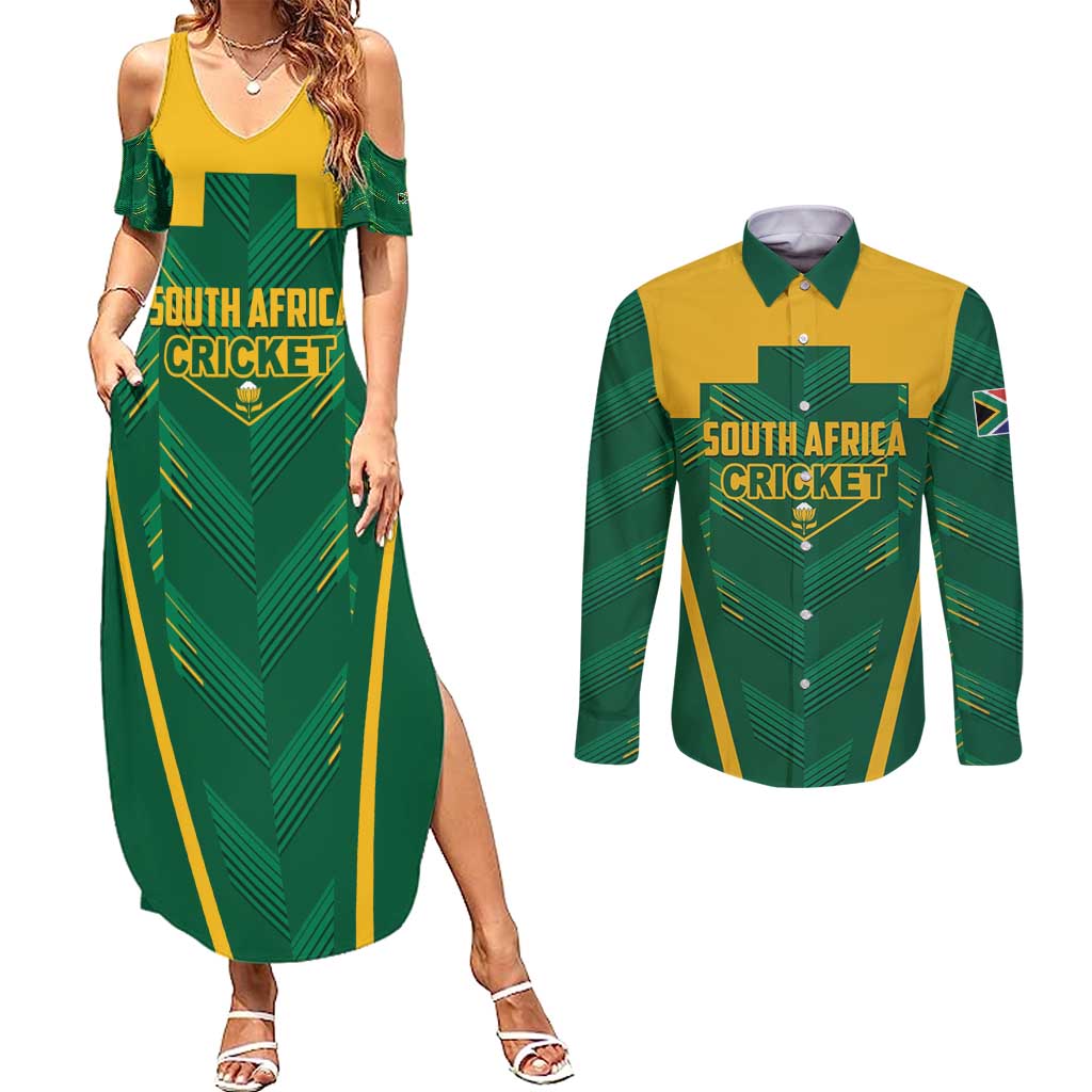 Custom South Africa Cricket Couples Matching Summer Maxi Dress and Long Sleeve Button Shirt SA Protea Woza Nawe