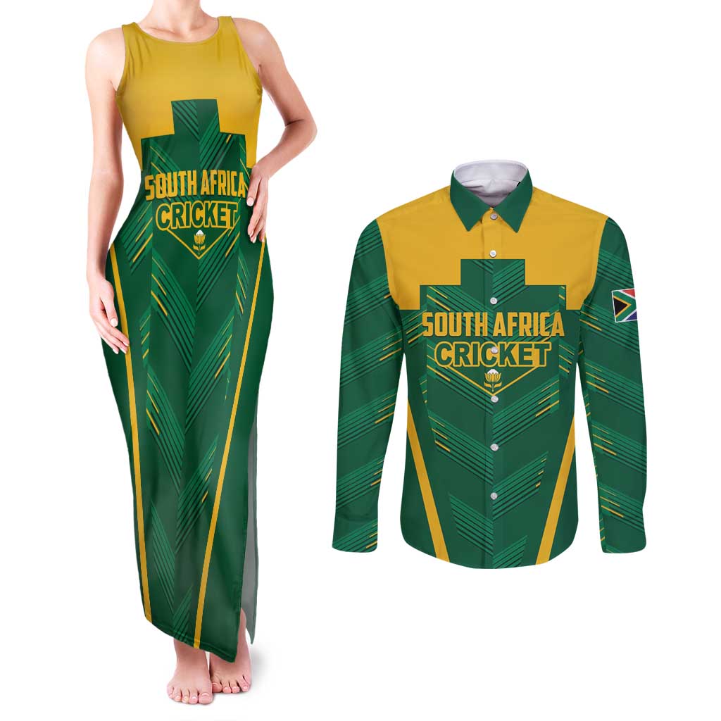 Custom South Africa Cricket Couples Matching Tank Maxi Dress and Long Sleeve Button Shirt SA Protea Woza Nawe