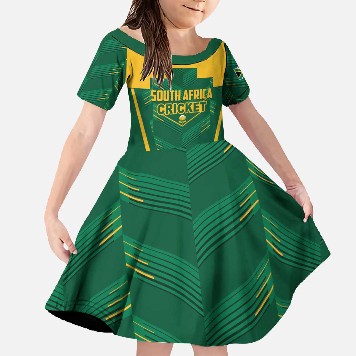 Custom South Africa Cricket Family Matching Off The Shoulder Long Sleeve Dress and Hawaiian Shirt SA Protea Woza Nawe
