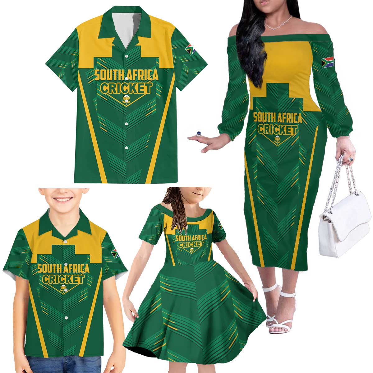 Custom South Africa Cricket Family Matching Off The Shoulder Long Sleeve Dress and Hawaiian Shirt SA Protea Woza Nawe