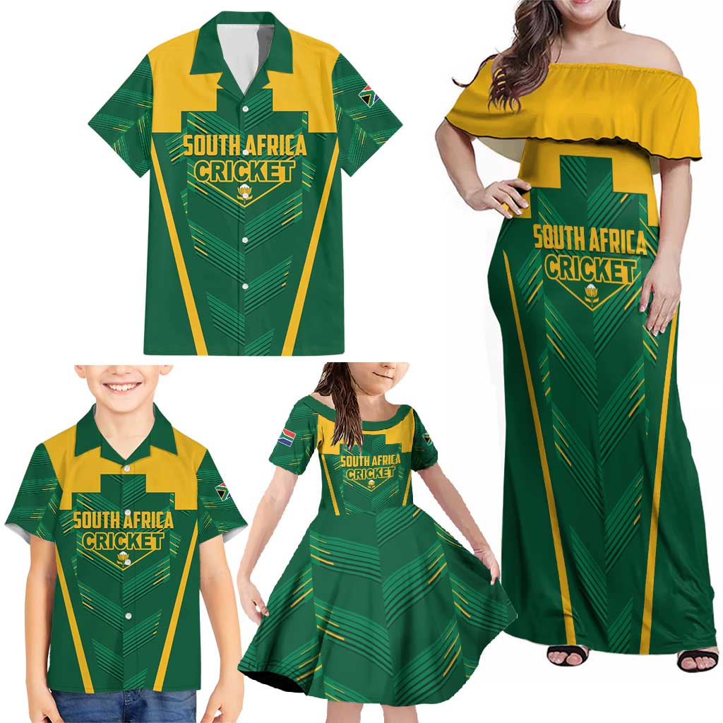 Custom South Africa Cricket Family Matching Off Shoulder Maxi Dress and Hawaiian Shirt SA Protea Woza Nawe
