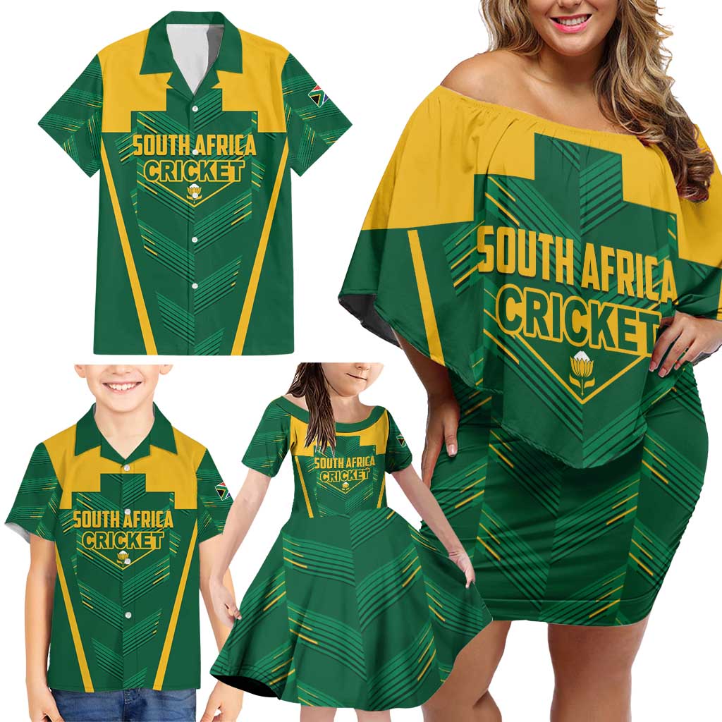 Custom South Africa Cricket Family Matching Off Shoulder Short Dress and Hawaiian Shirt SA Protea Woza Nawe