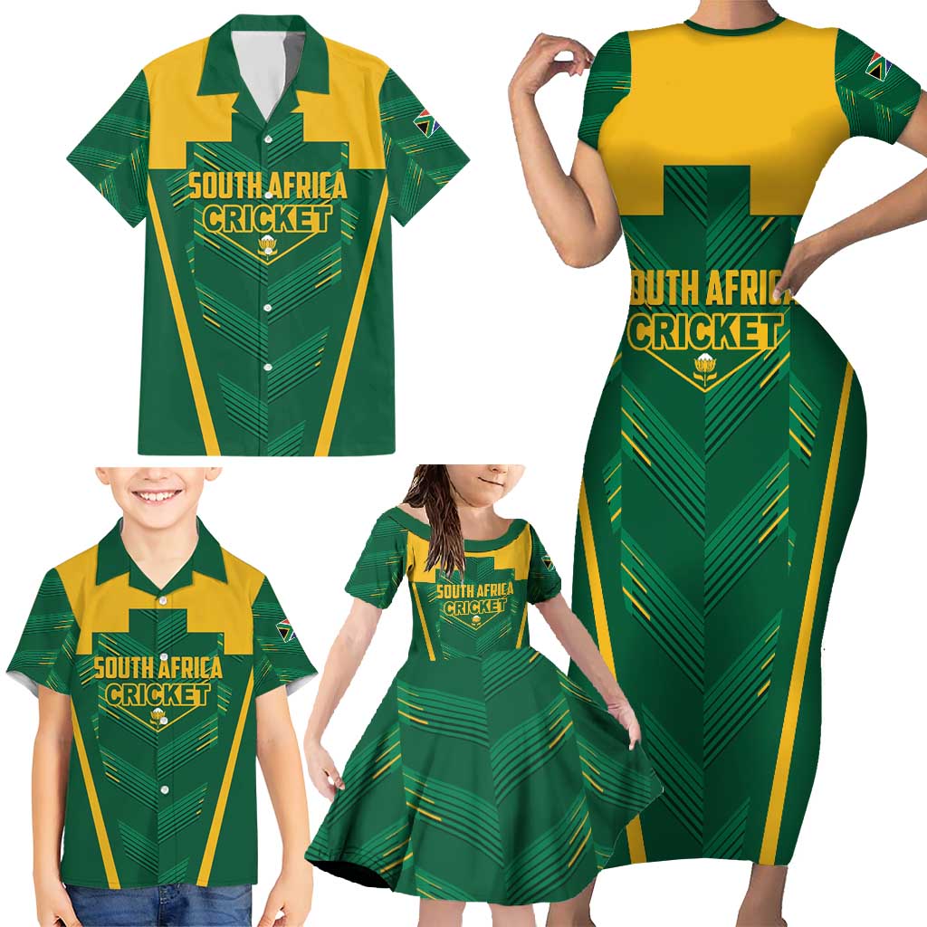 Custom South Africa Cricket Family Matching Short Sleeve Bodycon Dress and Hawaiian Shirt SA Protea Woza Nawe