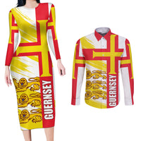 Guernsey Liberation Day Couples Matching Long Sleeve Bodycon Dress and Long Sleeve Button Shirt Guernesi Three Lion - Wonder Print Shop