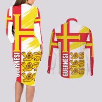 Guernsey Liberation Day Couples Matching Long Sleeve Bodycon Dress and Long Sleeve Button Shirt Guernesi Three Lion - Wonder Print Shop