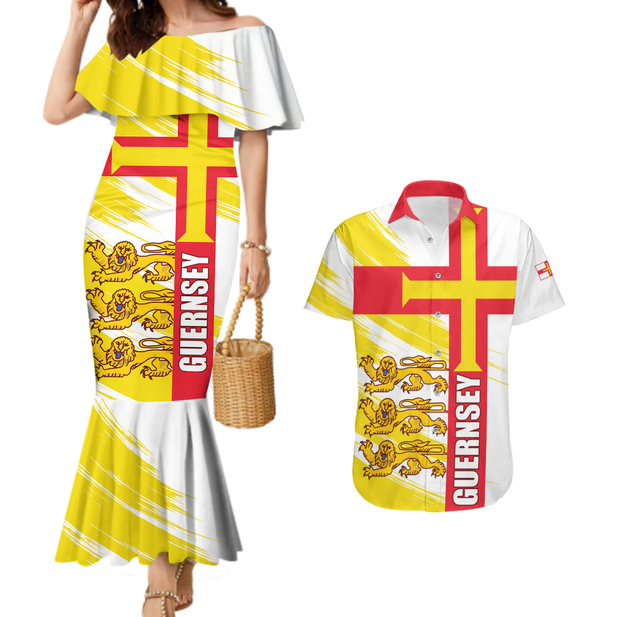 Guernsey Liberation Day Couples Matching Mermaid Dress and Hawaiian Shirt Guernesi Three Lion - Wonder Print Shop