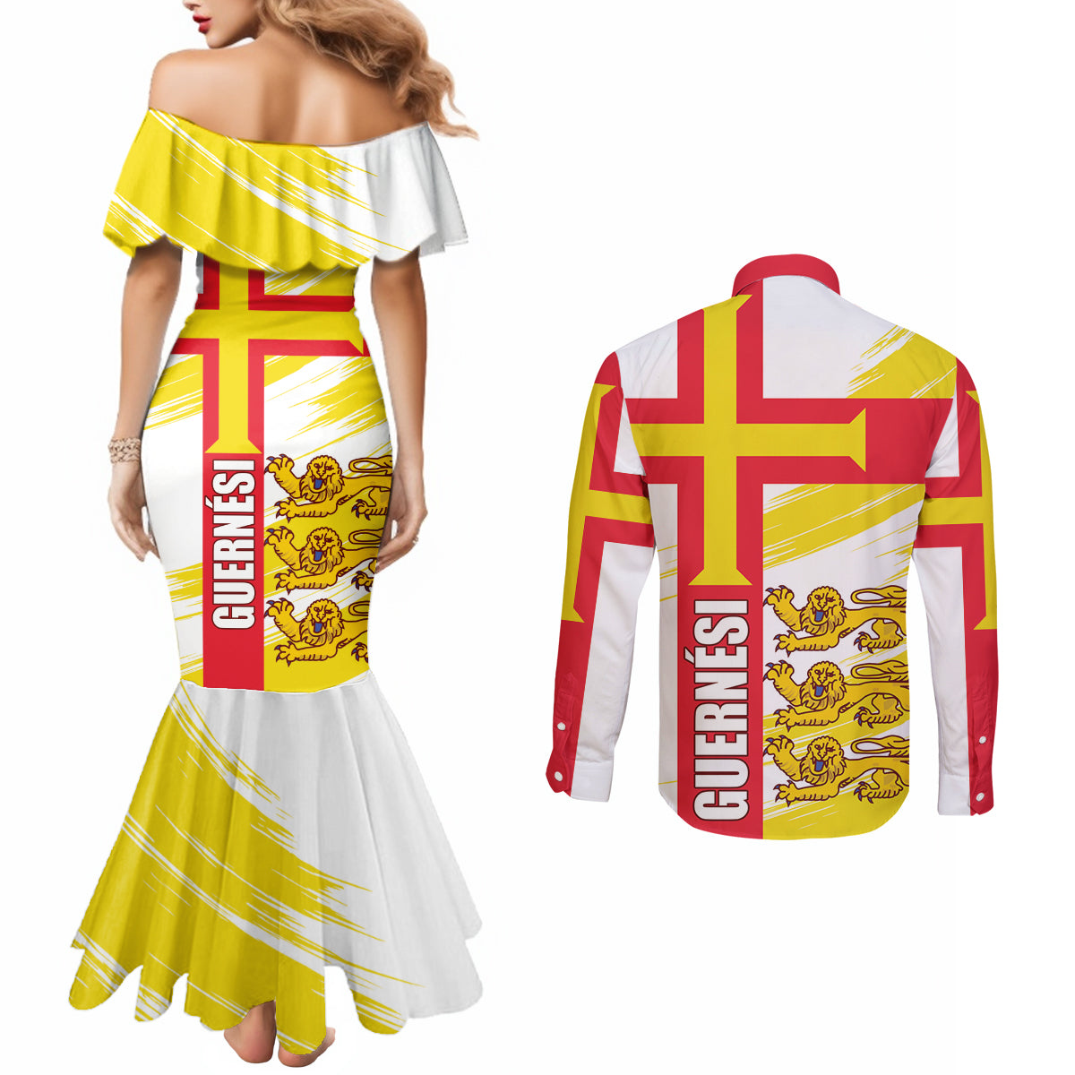 Guernsey Liberation Day Couples Matching Mermaid Dress and Long Sleeve Button Shirt Guernesi Three Lion