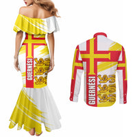 Guernsey Liberation Day Couples Matching Mermaid Dress and Long Sleeve Button Shirt Guernesi Three Lion