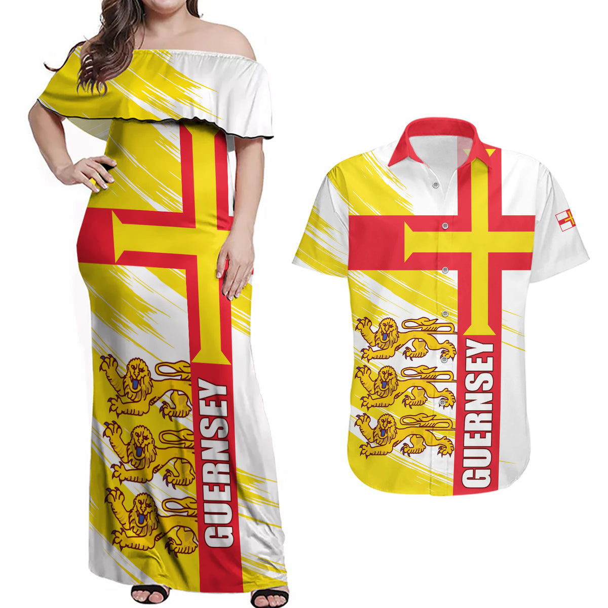 Guernsey Liberation Day Couples Matching Off Shoulder Maxi Dress and Hawaiian Shirt Guernesi Three Lion - Wonder Print Shop