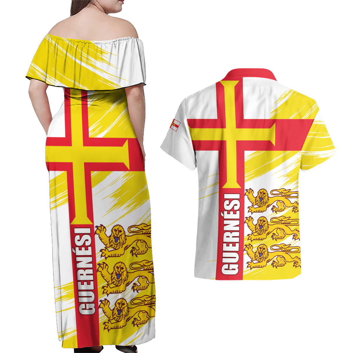 Guernsey Liberation Day Couples Matching Off Shoulder Maxi Dress and Hawaiian Shirt Guernesi Three Lion - Wonder Print Shop