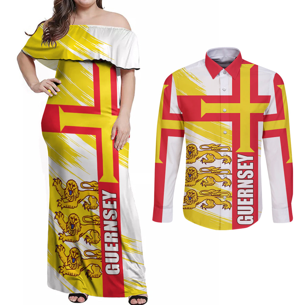 Guernsey Liberation Day Couples Matching Off Shoulder Maxi Dress and Long Sleeve Button Shirt Guernesi Three Lion - Wonder Print Shop