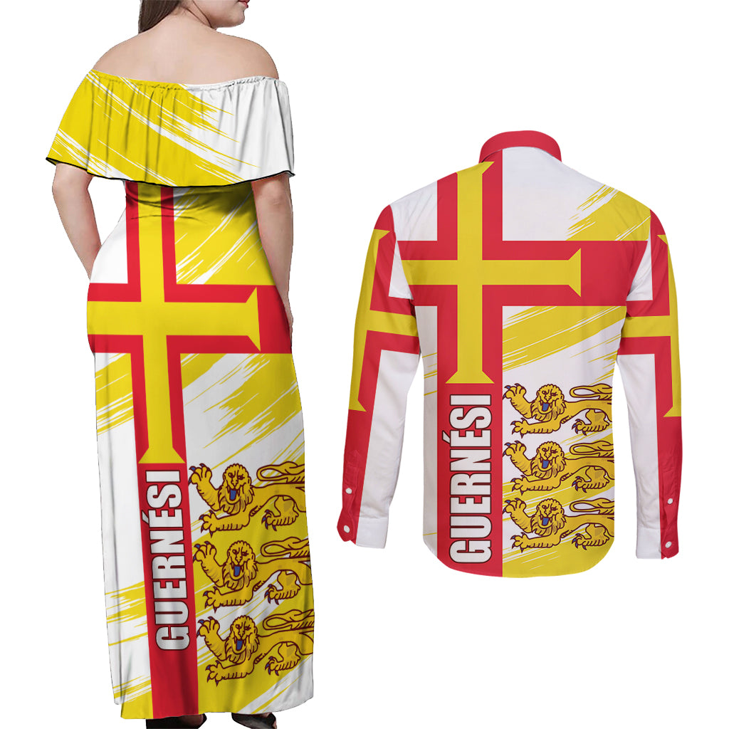 Guernsey Liberation Day Couples Matching Off Shoulder Maxi Dress and Long Sleeve Button Shirt Guernesi Three Lion - Wonder Print Shop