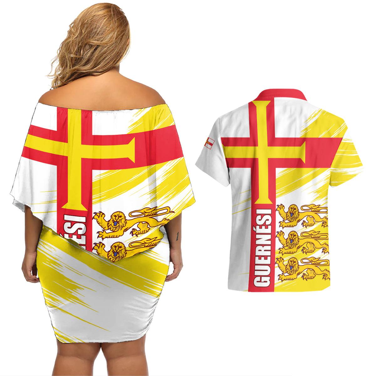 Guernsey Liberation Day Couples Matching Off Shoulder Short Dress and Hawaiian Shirt Guernesi Three Lion - Wonder Print Shop