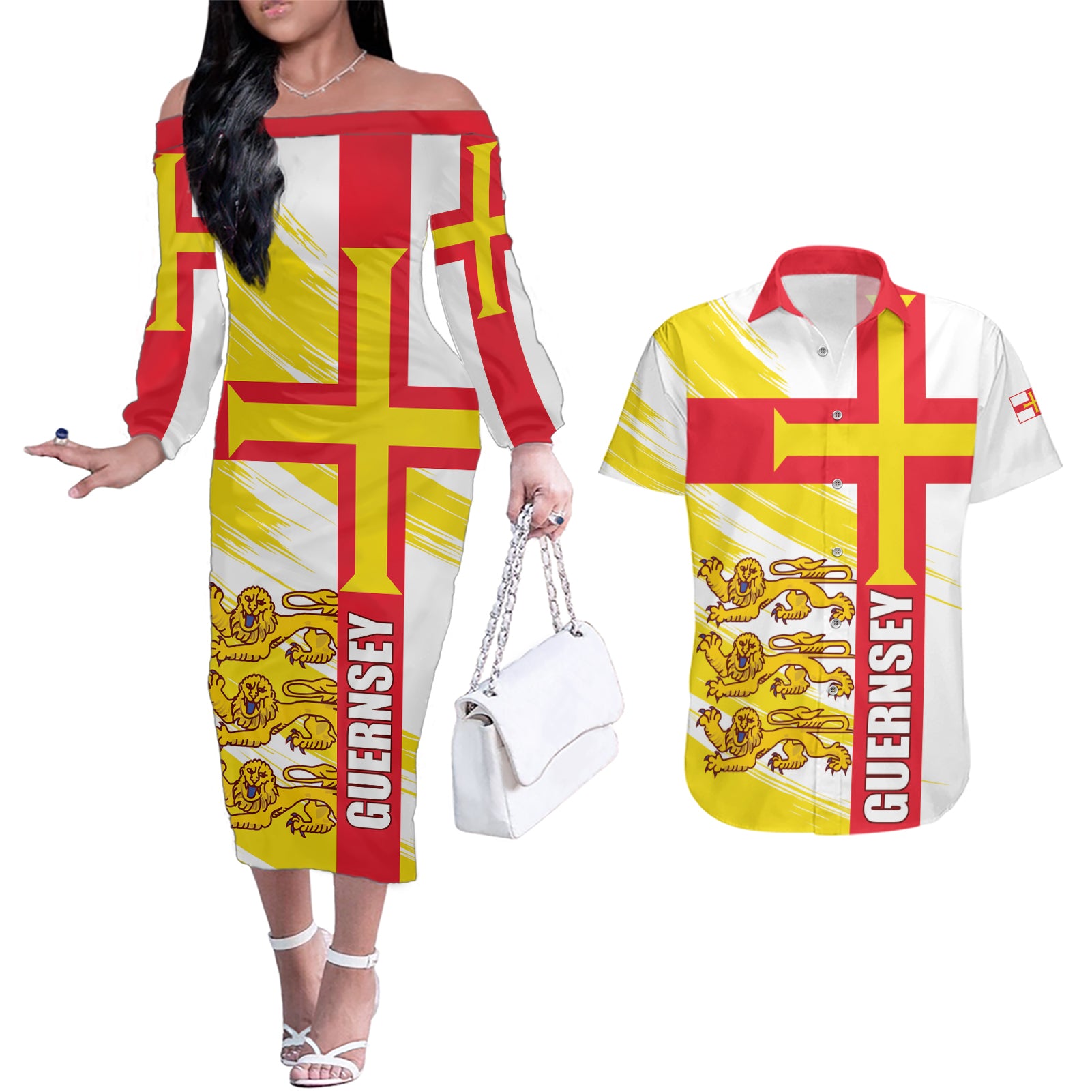 Guernsey Liberation Day Couples Matching Off The Shoulder Long Sleeve Dress and Hawaiian Shirt Guernesi Three Lion - Wonder Print Shop