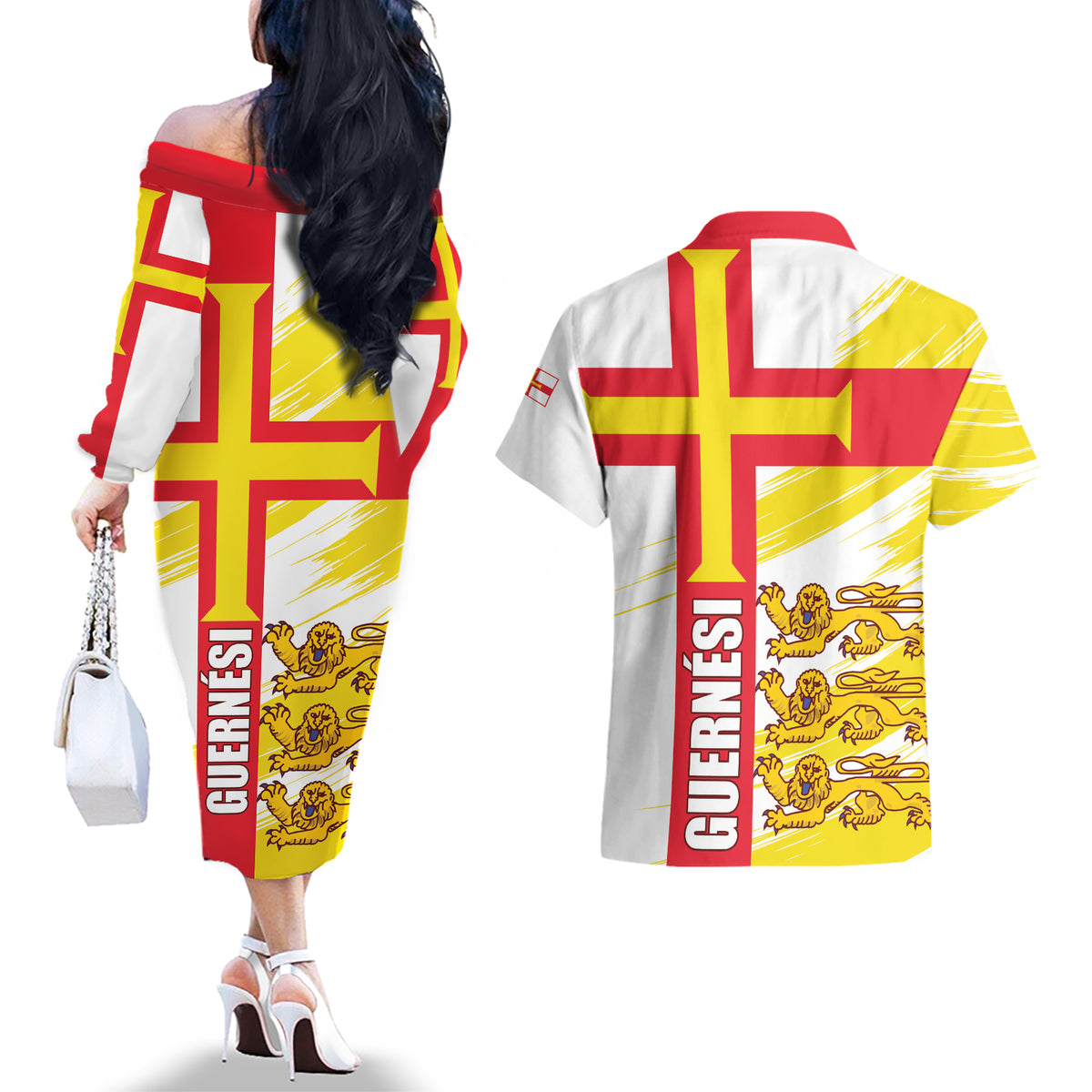 Guernsey Liberation Day Couples Matching Off The Shoulder Long Sleeve Dress and Hawaiian Shirt Guernesi Three Lion - Wonder Print Shop