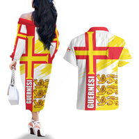 Guernsey Liberation Day Couples Matching Off The Shoulder Long Sleeve Dress and Hawaiian Shirt Guernesi Three Lion - Wonder Print Shop