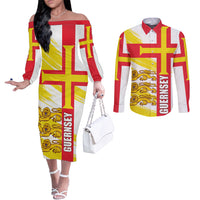 Guernsey Liberation Day Couples Matching Off The Shoulder Long Sleeve Dress and Long Sleeve Button Shirt Guernesi Three Lion