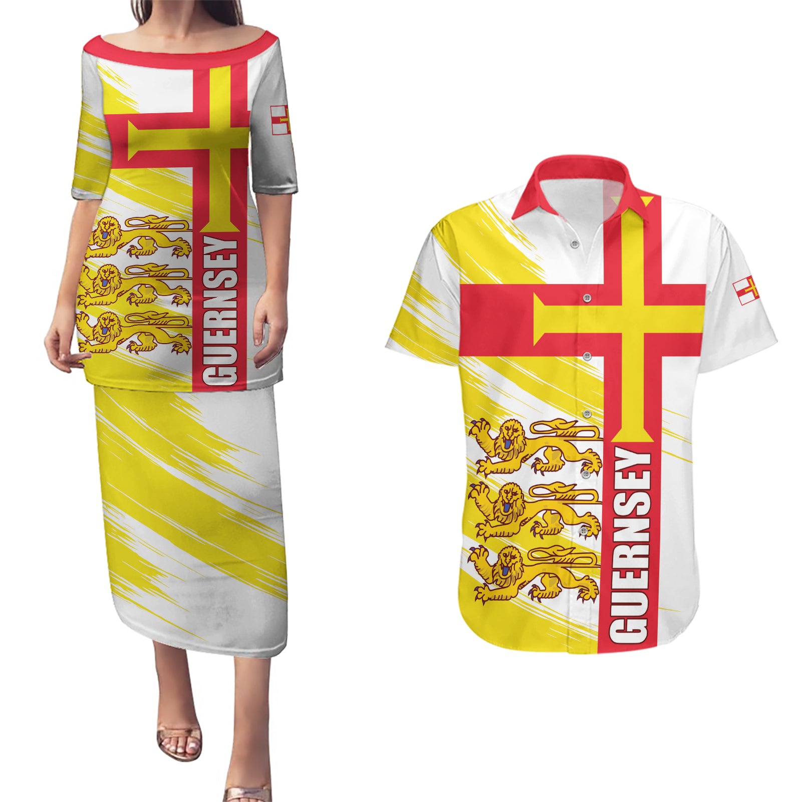 Guernsey Liberation Day Couples Matching Puletasi and Hawaiian Shirt Guernesi Three Lion - Wonder Print Shop
