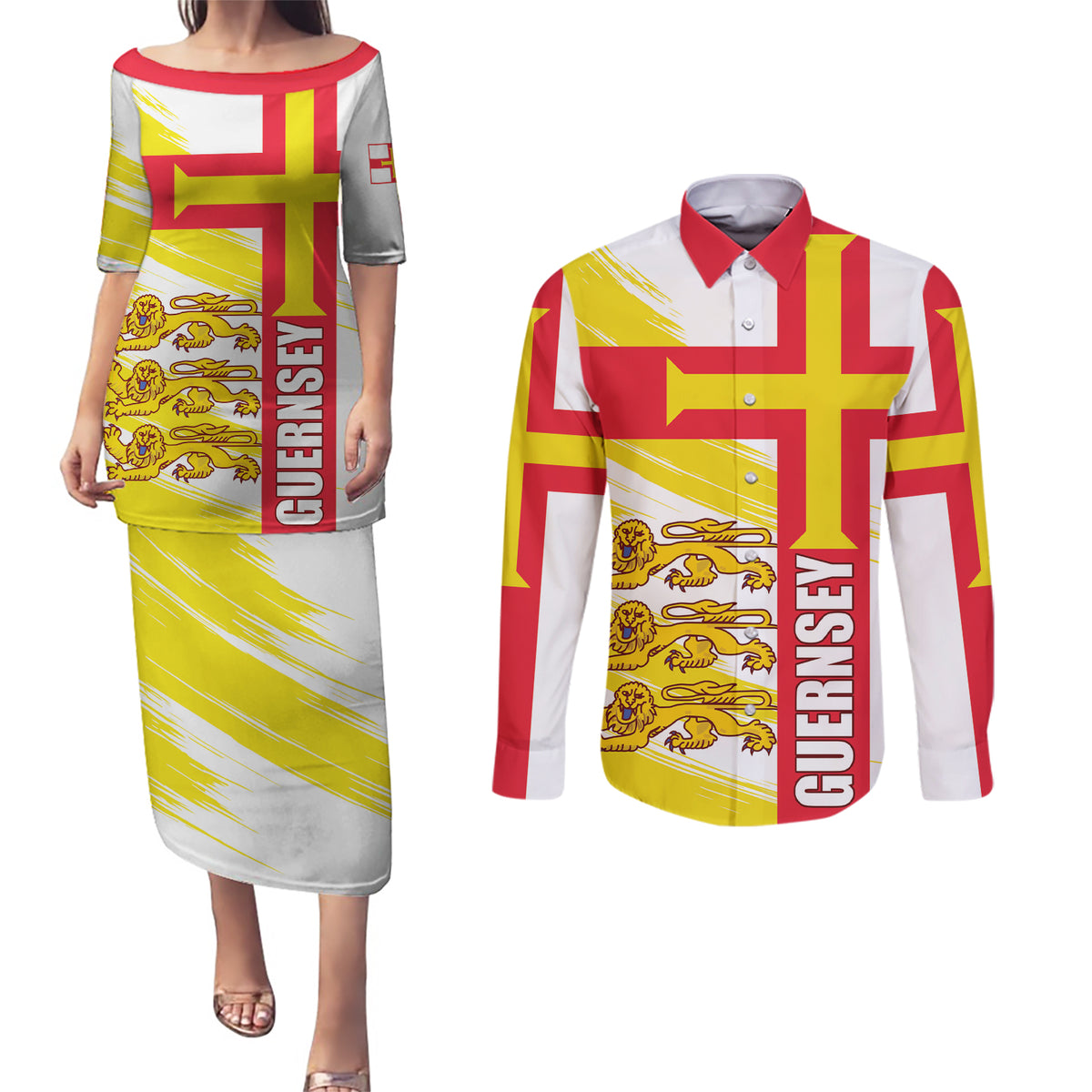 Guernsey Liberation Day Couples Matching Puletasi and Long Sleeve Button Shirt Guernesi Three Lion - Wonder Print Shop
