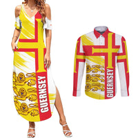 Guernsey Liberation Day Couples Matching Summer Maxi Dress and Long Sleeve Button Shirt Guernesi Three Lion - Wonder Print Shop