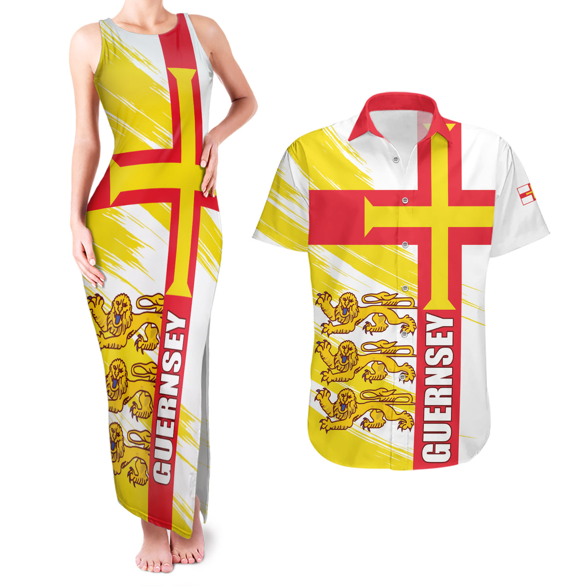 Guernsey Liberation Day Couples Matching Tank Maxi Dress and Hawaiian Shirt Guernesi Three Lion - Wonder Print Shop