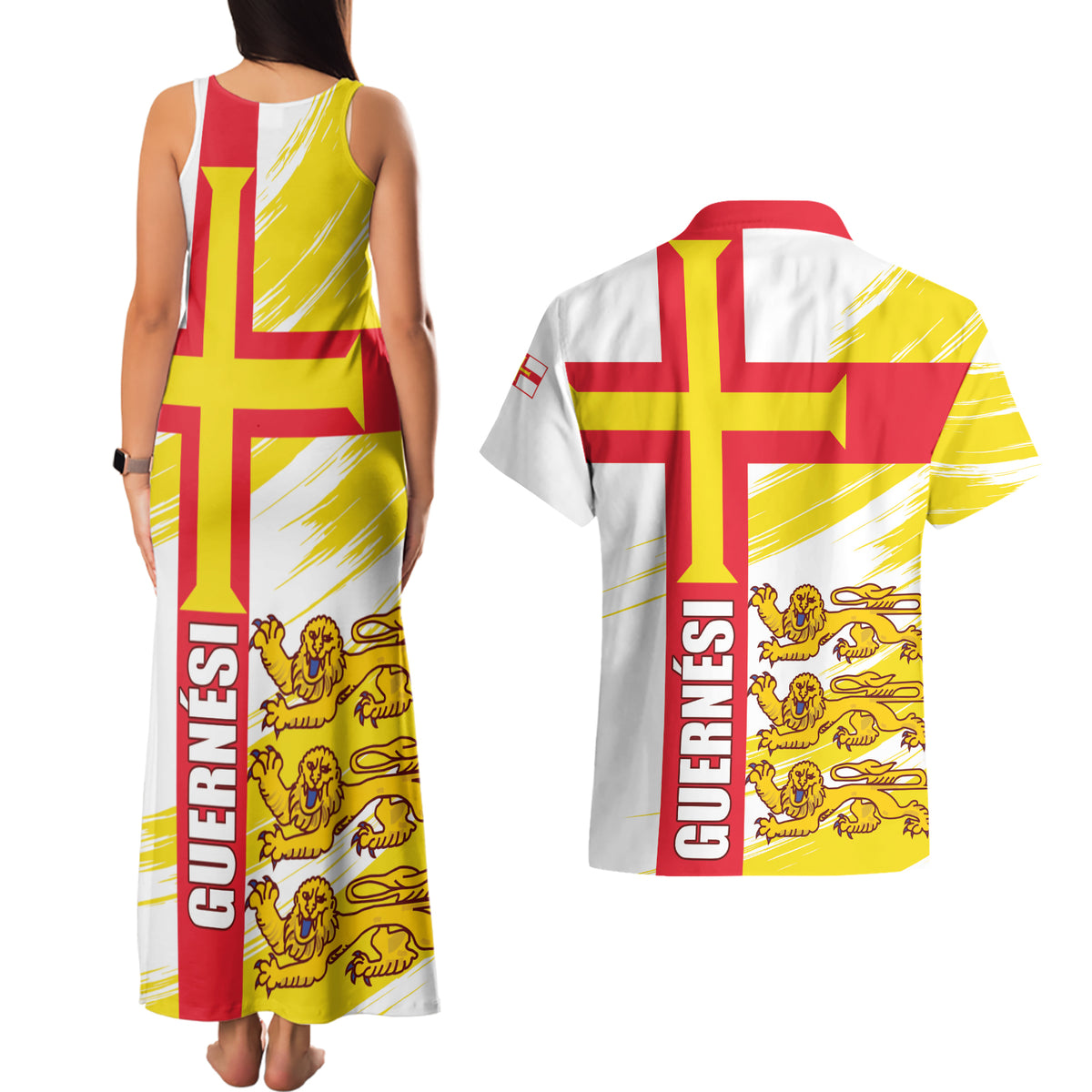 Guernsey Liberation Day Couples Matching Tank Maxi Dress and Hawaiian Shirt Guernesi Three Lion - Wonder Print Shop