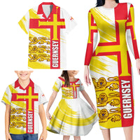 Guernsey Liberation Day Family Matching Long Sleeve Bodycon Dress and Hawaiian Shirt Guernesi Three Lion - Wonder Print Shop