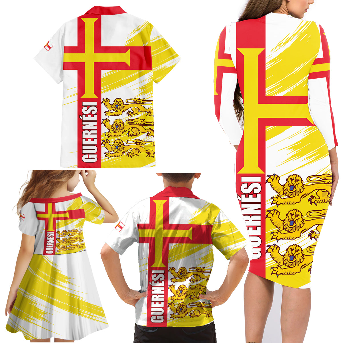 Guernsey Liberation Day Family Matching Long Sleeve Bodycon Dress and Hawaiian Shirt Guernesi Three Lion - Wonder Print Shop