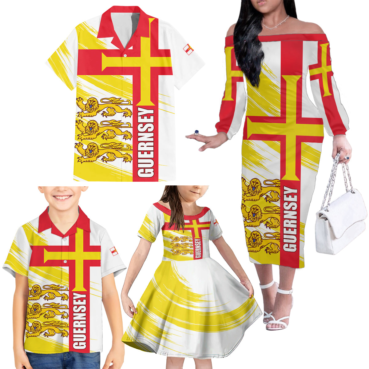 Guernsey Liberation Day Family Matching Off The Shoulder Long Sleeve Dress and Hawaiian Shirt Guernesi Three Lion - Wonder Print Shop