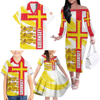 Guernsey Liberation Day Family Matching Off The Shoulder Long Sleeve Dress and Hawaiian Shirt Guernesi Three Lion - Wonder Print Shop