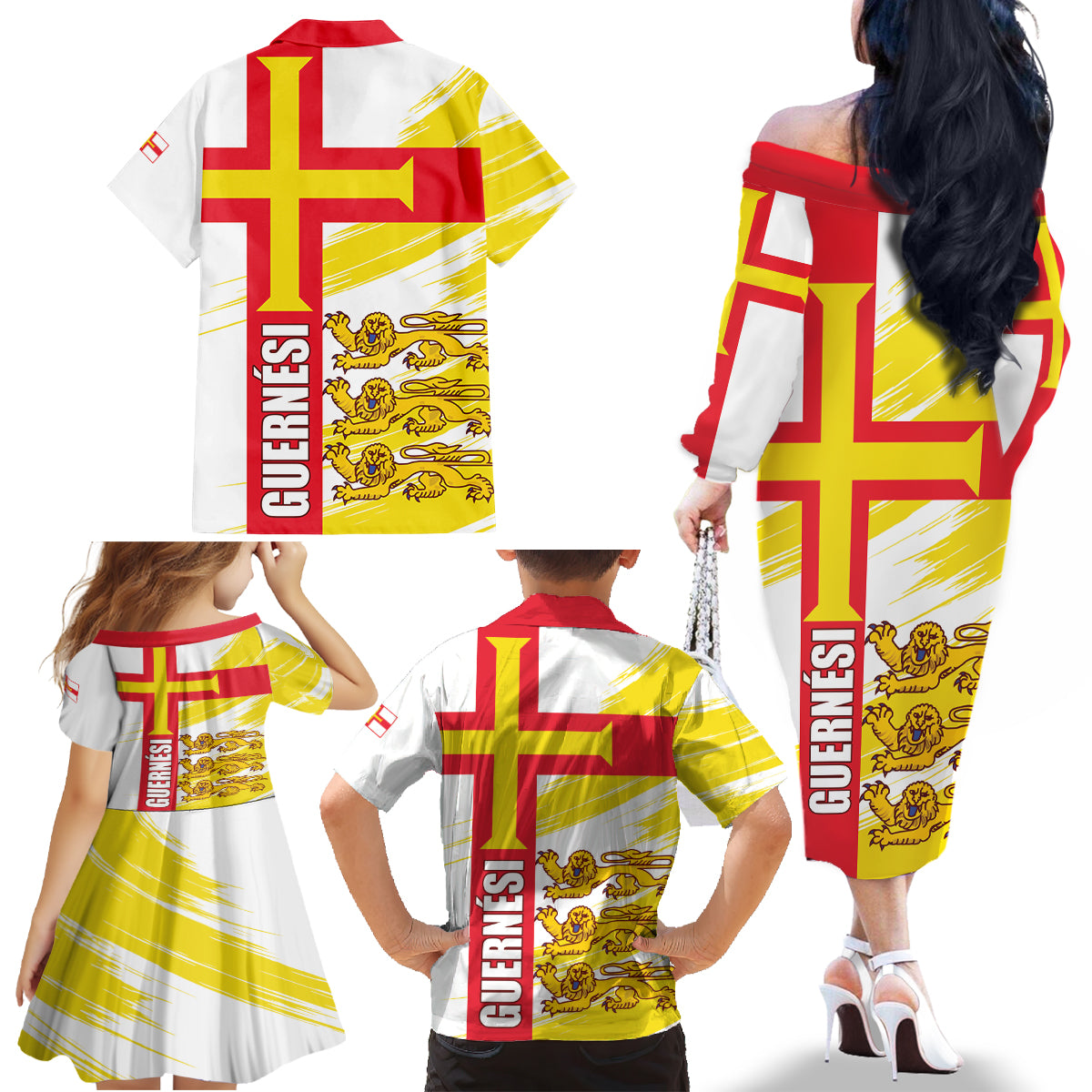 Guernsey Liberation Day Family Matching Off The Shoulder Long Sleeve Dress and Hawaiian Shirt Guernesi Three Lion - Wonder Print Shop