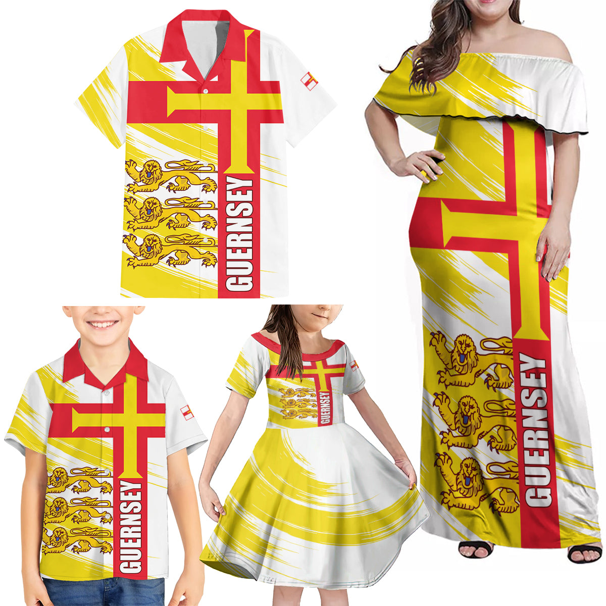 Guernsey Liberation Day Family Matching Off Shoulder Maxi Dress and Hawaiian Shirt Guernesi Three Lion - Wonder Print Shop