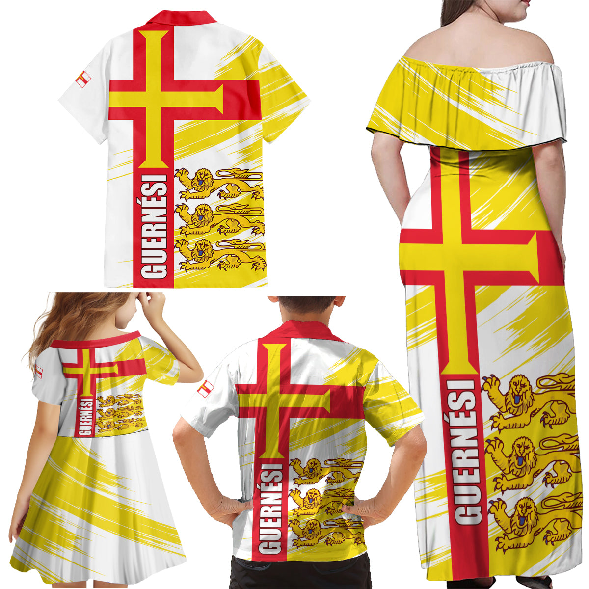 Guernsey Liberation Day Family Matching Off Shoulder Maxi Dress and Hawaiian Shirt Guernesi Three Lion - Wonder Print Shop