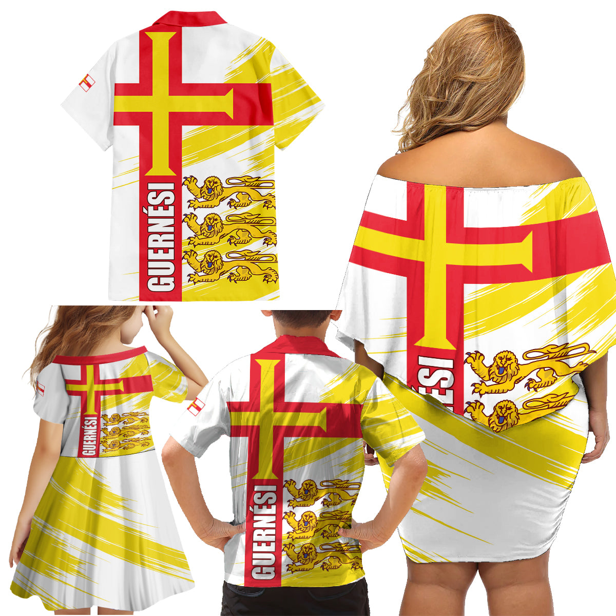 Guernsey Liberation Day Family Matching Off Shoulder Short Dress and Hawaiian Shirt Guernesi Three Lion - Wonder Print Shop