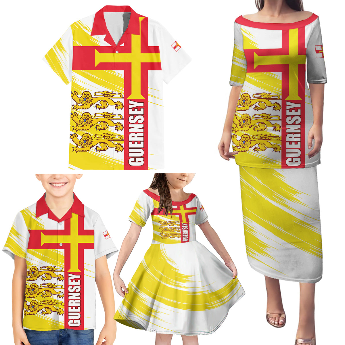 Guernsey Liberation Day Family Matching Puletasi and Hawaiian Shirt Guernesi Three Lion - Wonder Print Shop