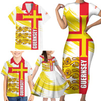 Guernsey Liberation Day Family Matching Short Sleeve Bodycon Dress and Hawaiian Shirt Guernesi Three Lion - Wonder Print Shop