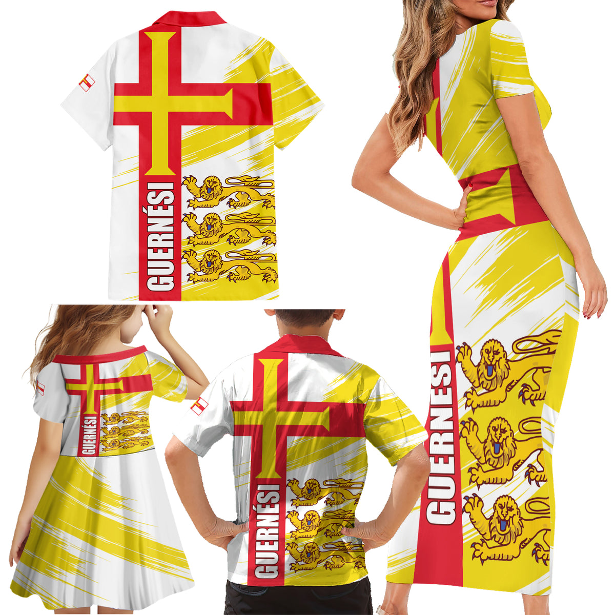 Guernsey Liberation Day Family Matching Short Sleeve Bodycon Dress and Hawaiian Shirt Guernesi Three Lion - Wonder Print Shop