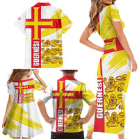 Guernsey Liberation Day Family Matching Short Sleeve Bodycon Dress and Hawaiian Shirt Guernesi Three Lion - Wonder Print Shop