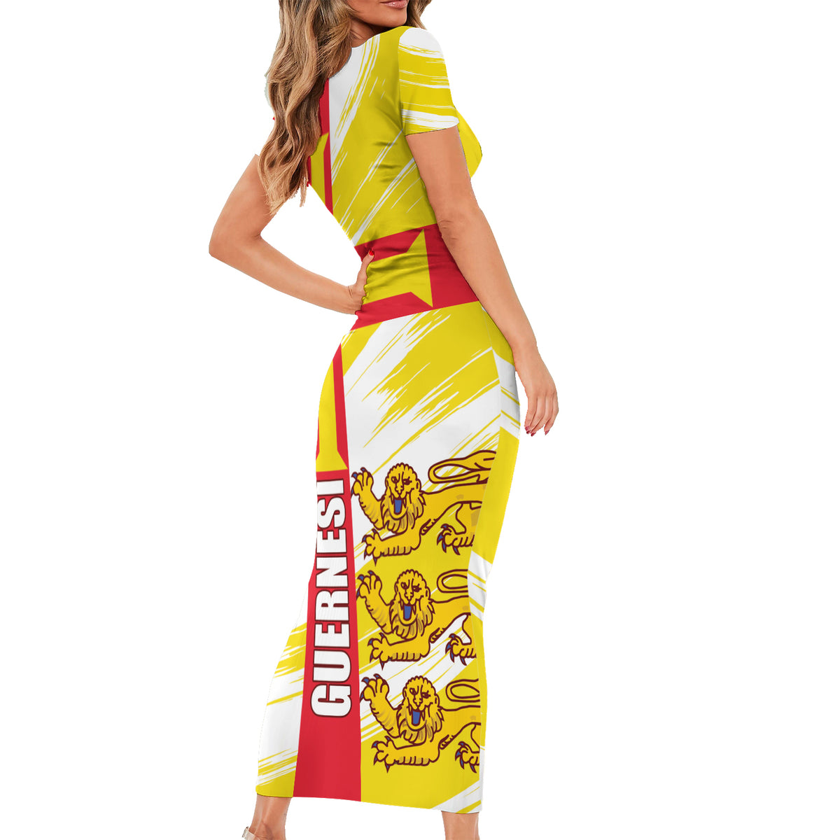 Guernsey Liberation Day Short Sleeve Bodycon Dress Guernesi Three Lion - Wonder Print Shop