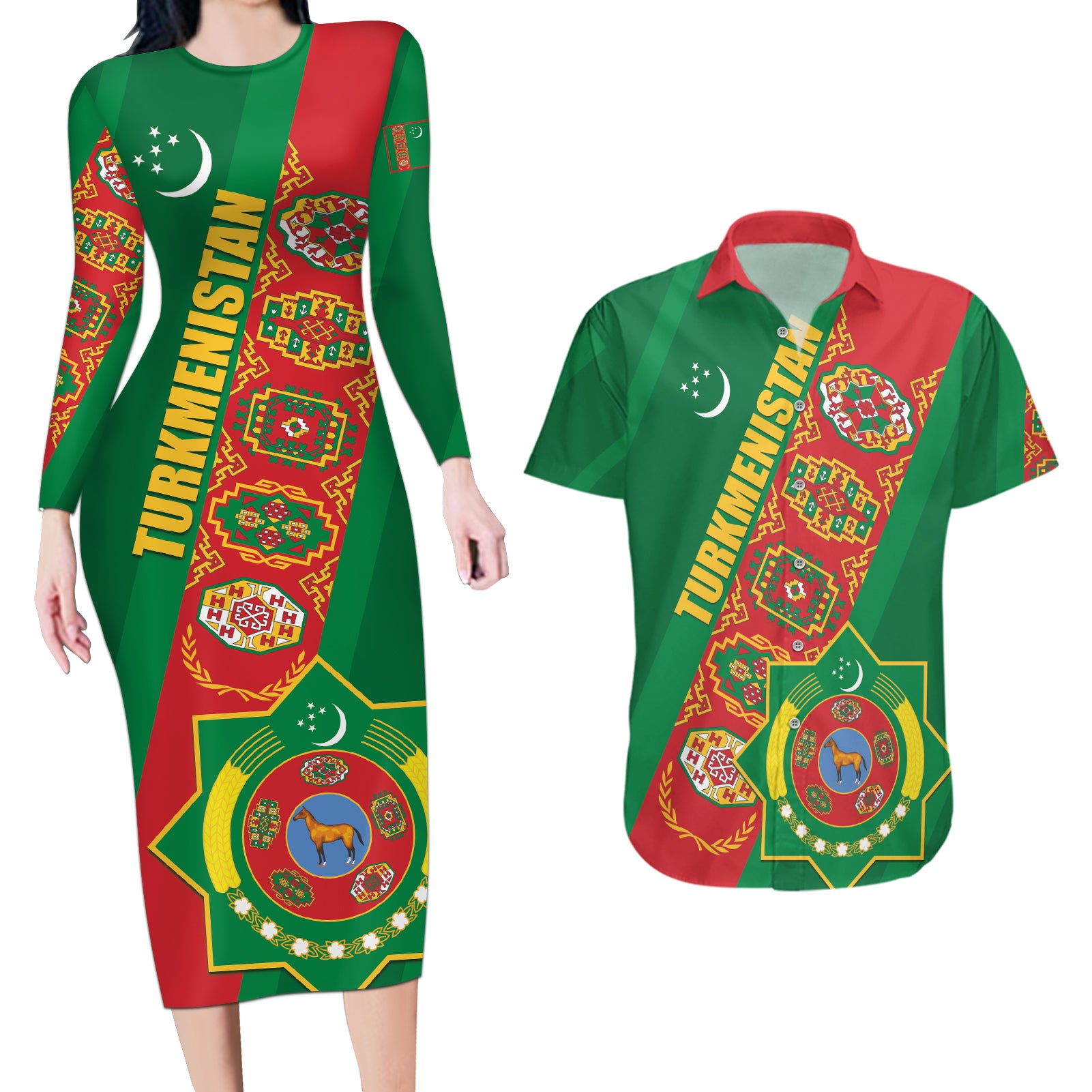 Turkmenistan Flag Day Couples Matching Long Sleeve Bodycon Dress and Hawaiian Shirt Turkmenistan Bitaraplygyn watanydyr LT01