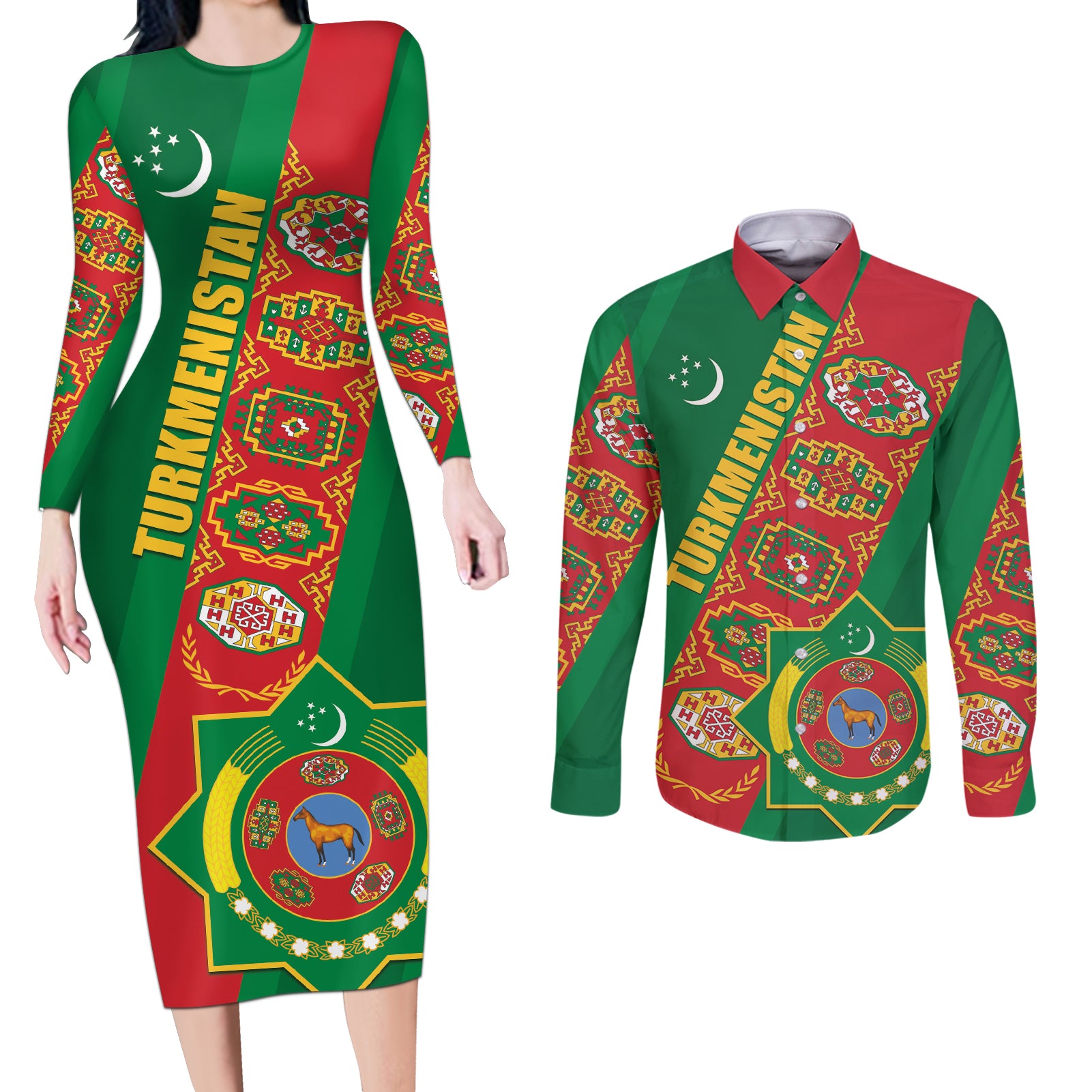 Turkmenistan Flag Day Couples Matching Long Sleeve Bodycon Dress and Long Sleeve Button Shirt Turkmenistan Bitaraplygyn watanydyr LT01