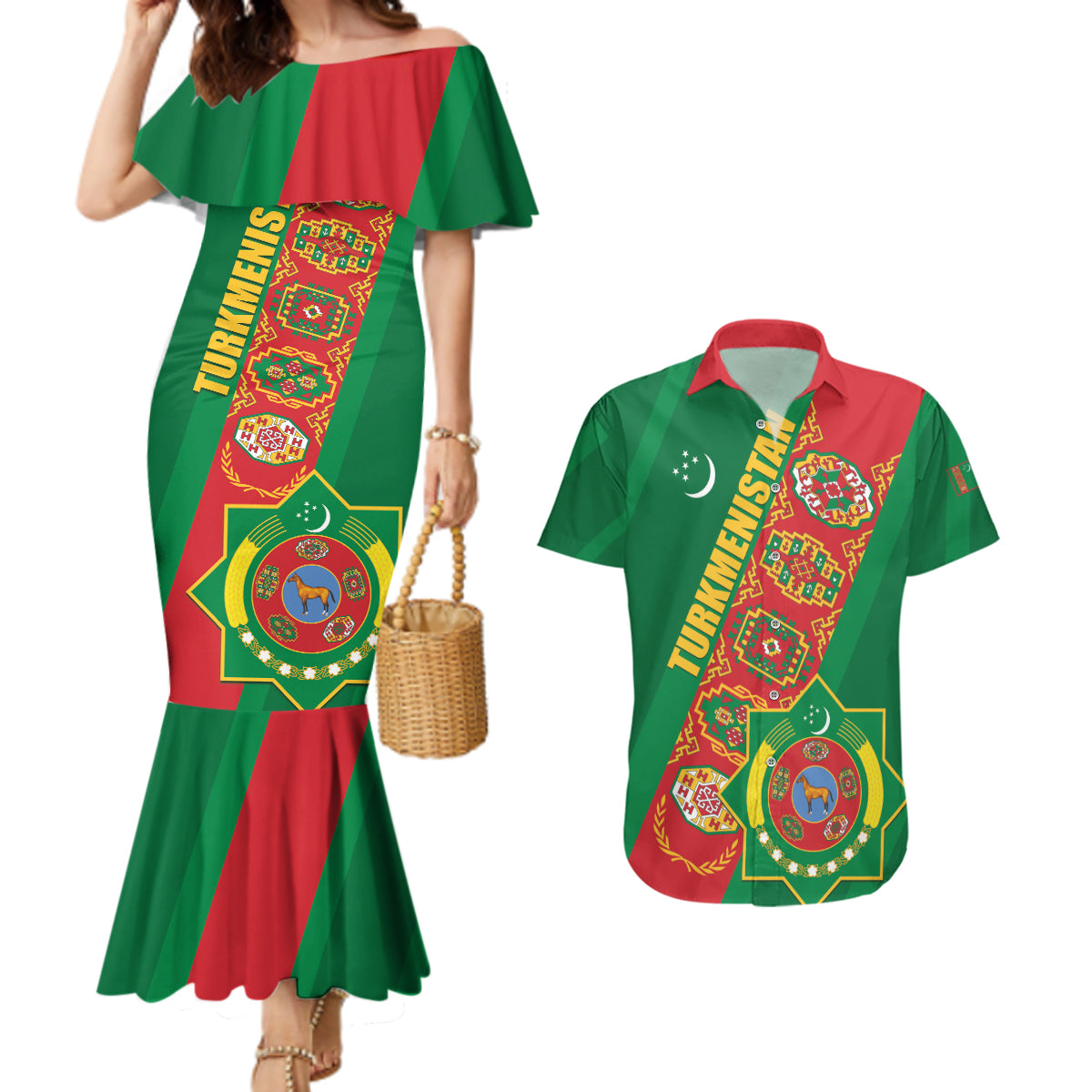 Turkmenistan Flag Day Couples Matching Mermaid Dress and Hawaiian Shirt Turkmenistan Bitaraplygyn watanydyr LT01