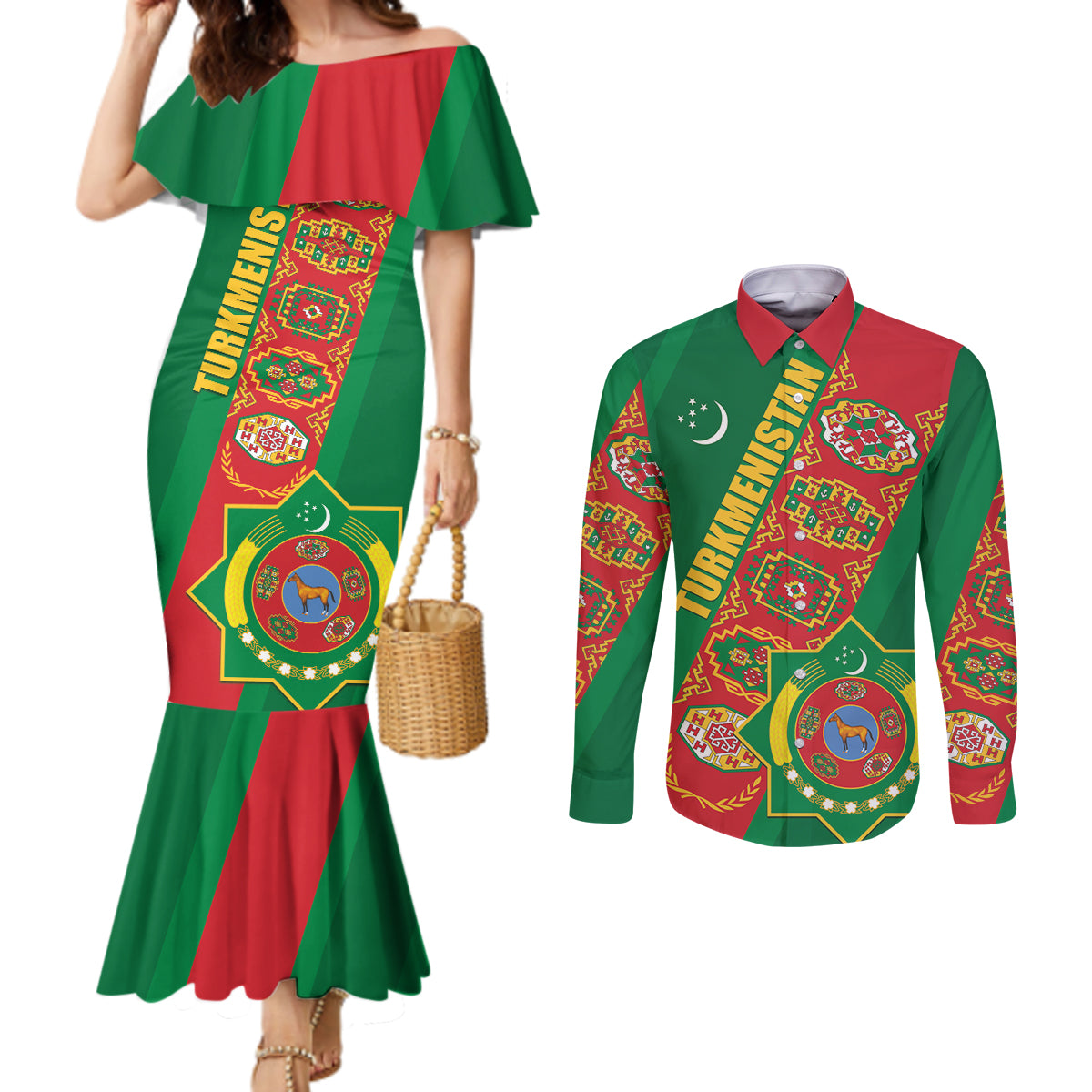 Turkmenistan Flag Day Couples Matching Mermaid Dress and Long Sleeve Button Shirt Turkmenistan Bitaraplygyn watanydyr LT01