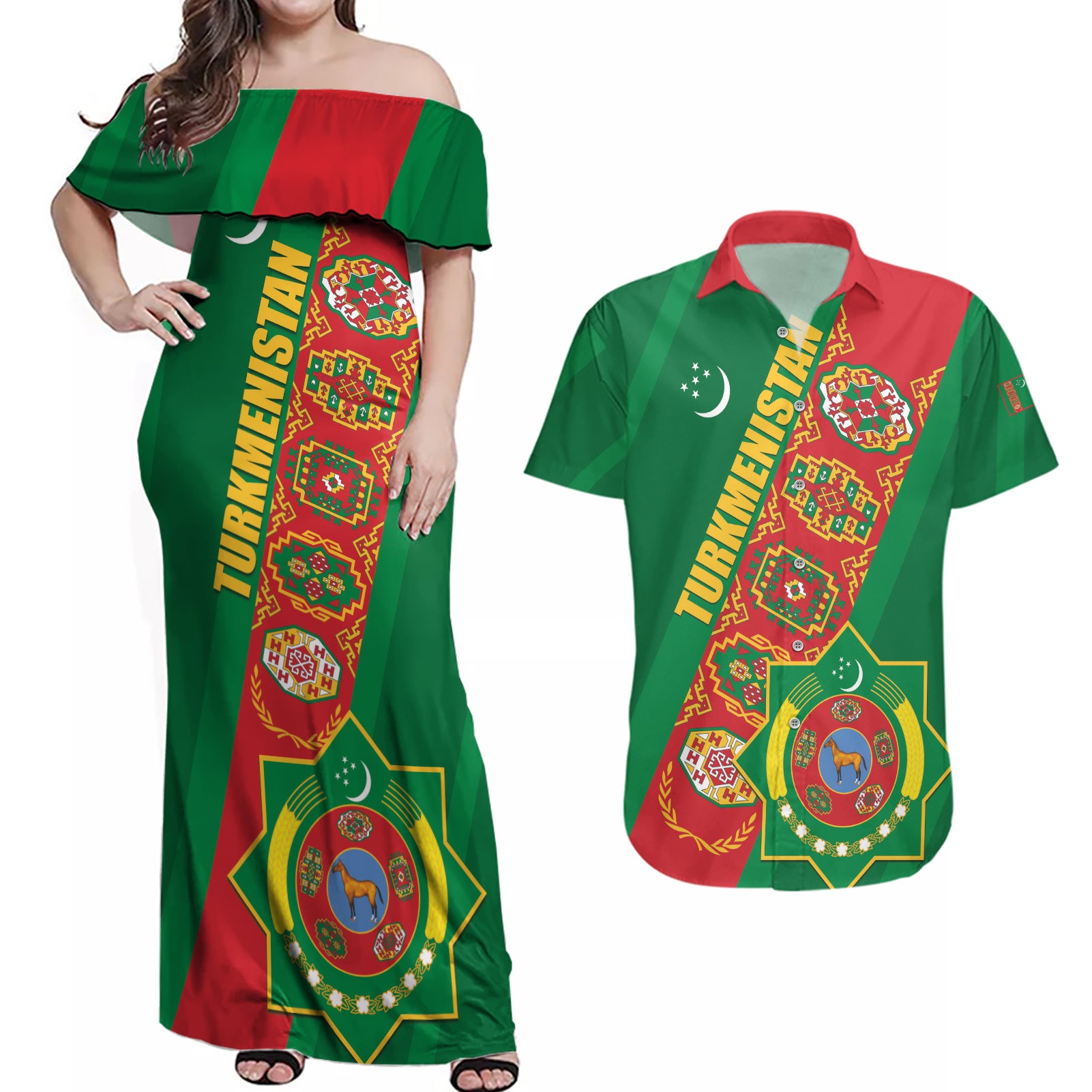 Turkmenistan Flag Day Couples Matching Off Shoulder Maxi Dress and Hawaiian Shirt Turkmenistan Bitaraplygyn watanydyr LT01