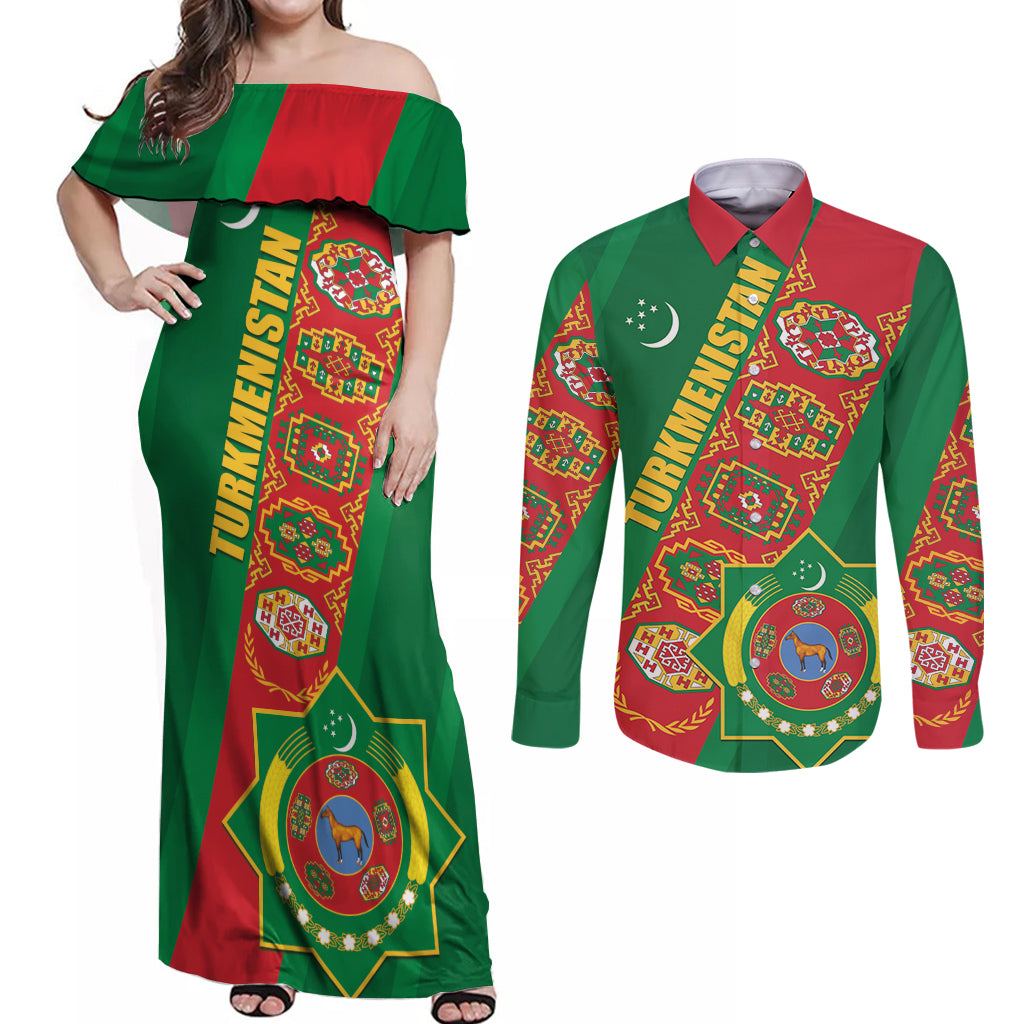 Turkmenistan Flag Day Couples Matching Off Shoulder Maxi Dress and Long Sleeve Button Shirt Turkmenistan Bitaraplygyn watanydyr LT01