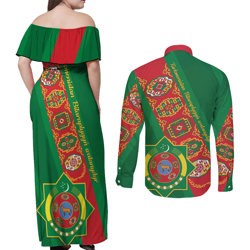 Turkmenistan Flag Day Couples Matching Off Shoulder Maxi Dress and Long Sleeve Button Shirt Turkmenistan Bitaraplygyn watanydyr - Wonder Print Shop