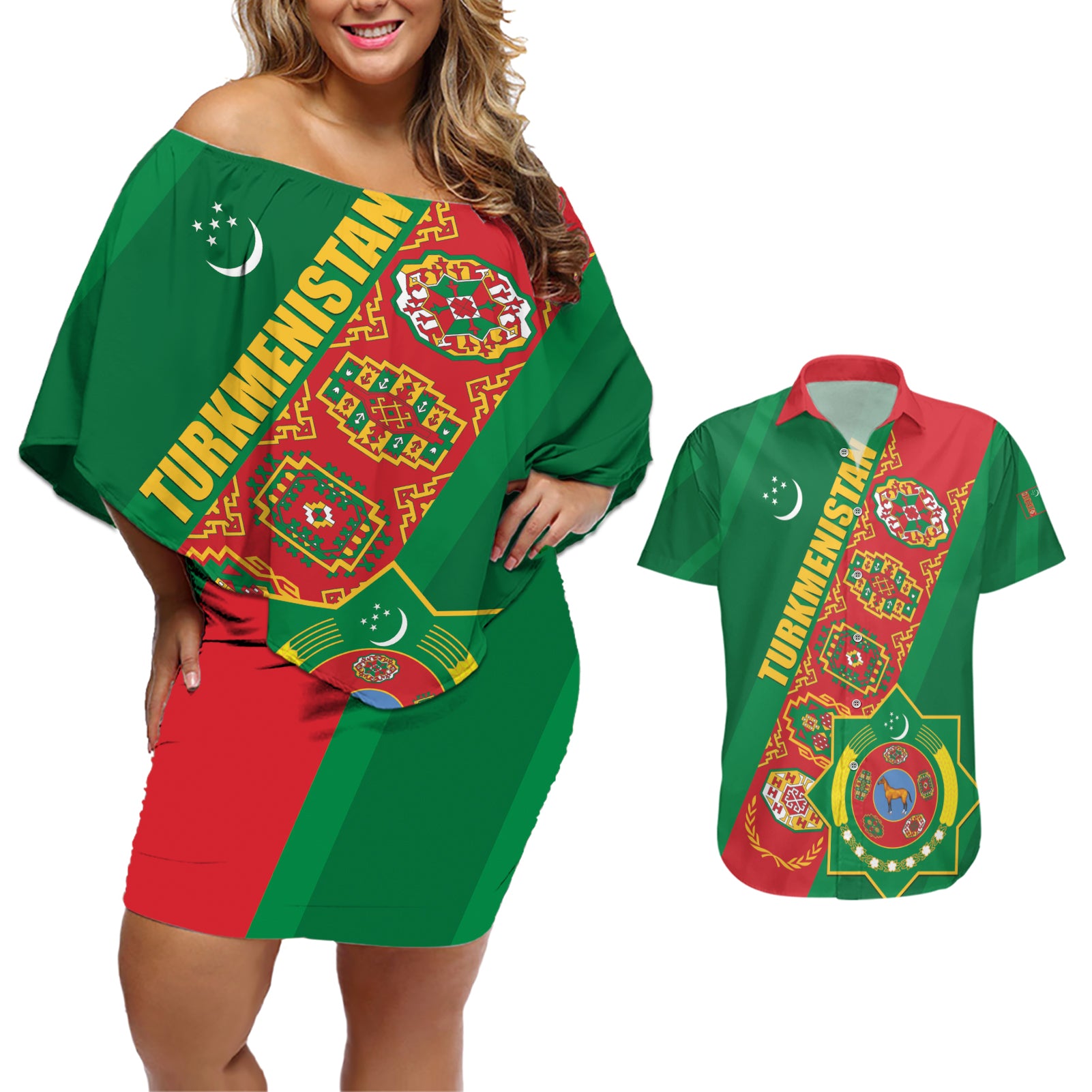 Turkmenistan Flag Day Couples Matching Off Shoulder Short Dress and Hawaiian Shirt Turkmenistan Bitaraplygyn watanydyr LT01
