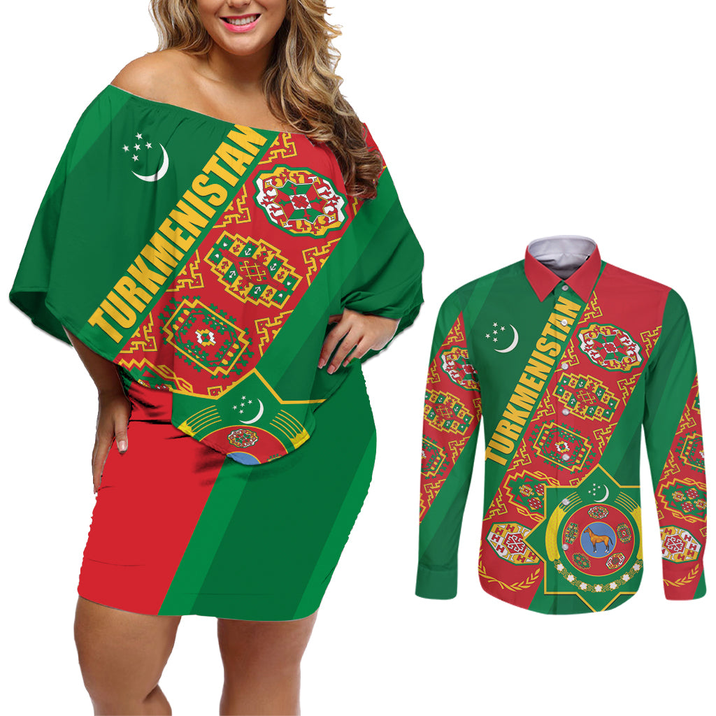 Turkmenistan Flag Day Couples Matching Off Shoulder Short Dress and Long Sleeve Button Shirt Turkmenistan Bitaraplygyn watanydyr LT01