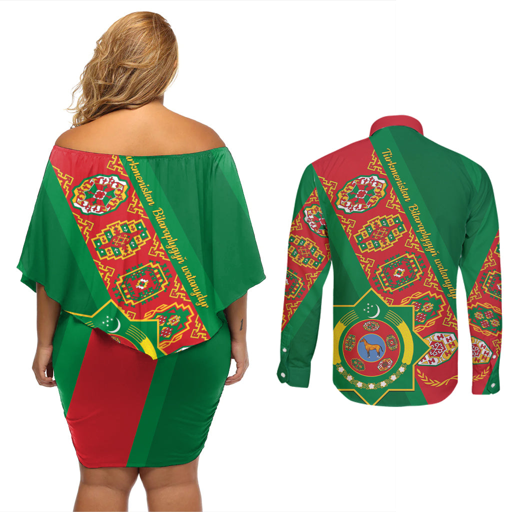 Turkmenistan Flag Day Couples Matching Off Shoulder Short Dress and Long Sleeve Button Shirt Turkmenistan Bitaraplygyn watanydyr - Wonder Print Shop