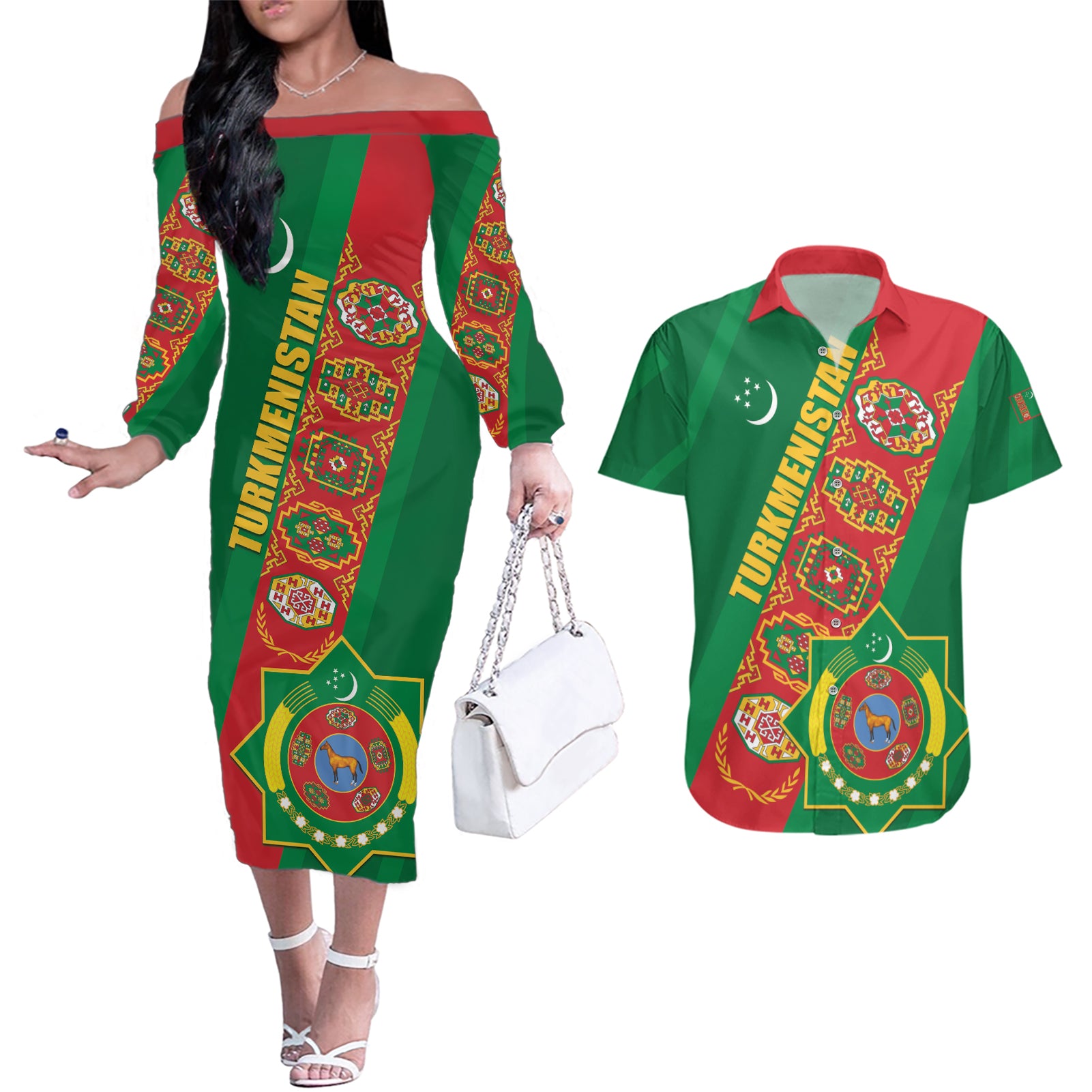 Turkmenistan Flag Day Couples Matching Off The Shoulder Long Sleeve Dress and Hawaiian Shirt Turkmenistan Bitaraplygyn watanydyr LT01